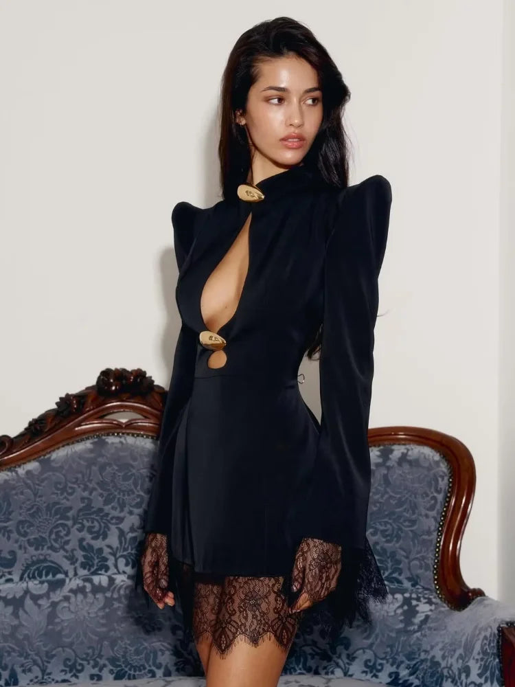 Abito Blazer Nero Sexy con Scollatura, Elegante Vestito Mini da Donna con Maniche Lunghe, Spalline Imbottite e Vita Stretta, Collezione 2026 per Serate ed Eventi