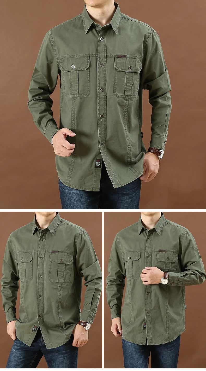 100% cotone di alta qualità primavera autunno moda uomo manica lunga tinta unita camicia Casual Multi tasca 6XL giacca Cargo di grandi dimensioni