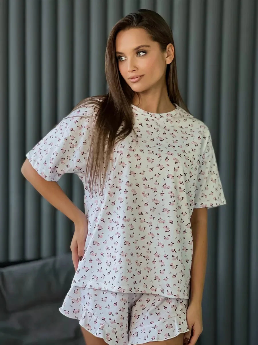 Pigiama da donna Set Nuova primavera ed estate Nuovi pantaloncini stampati Pigiama da donna casual alla moda a cinque maniche Homewear