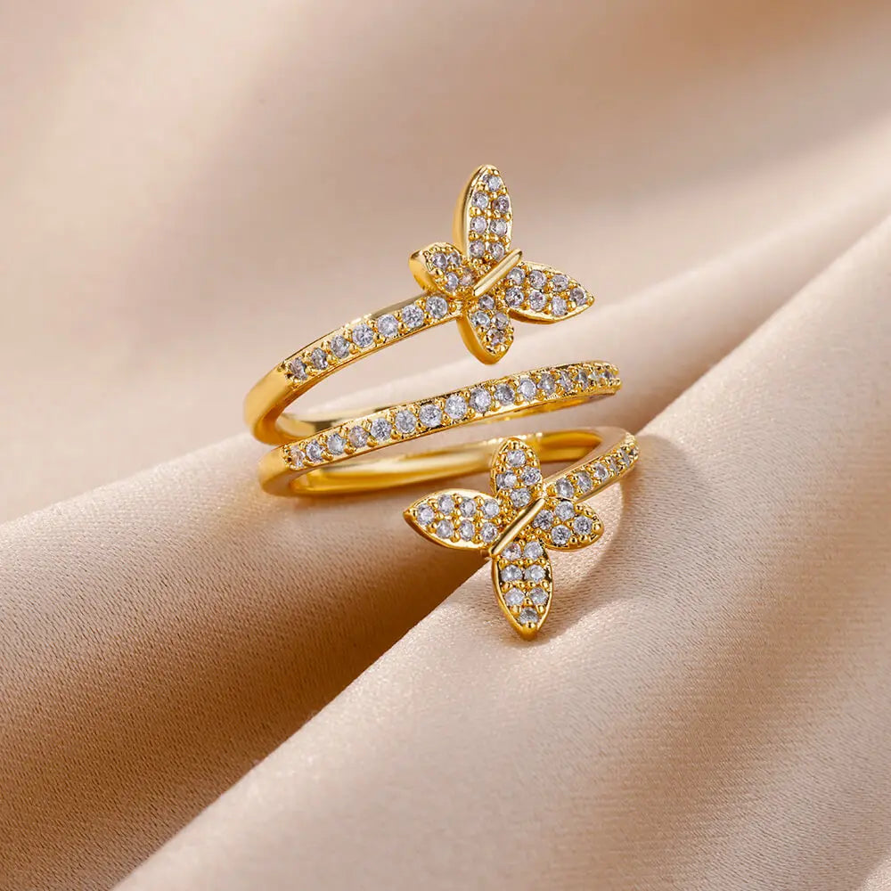 Anelli a doppia farfalla con zirconi per donna Anello multistrato aperto color oro in acciaio inossidabile Gioielli per festa di nozze di moda 2024 Nuovo