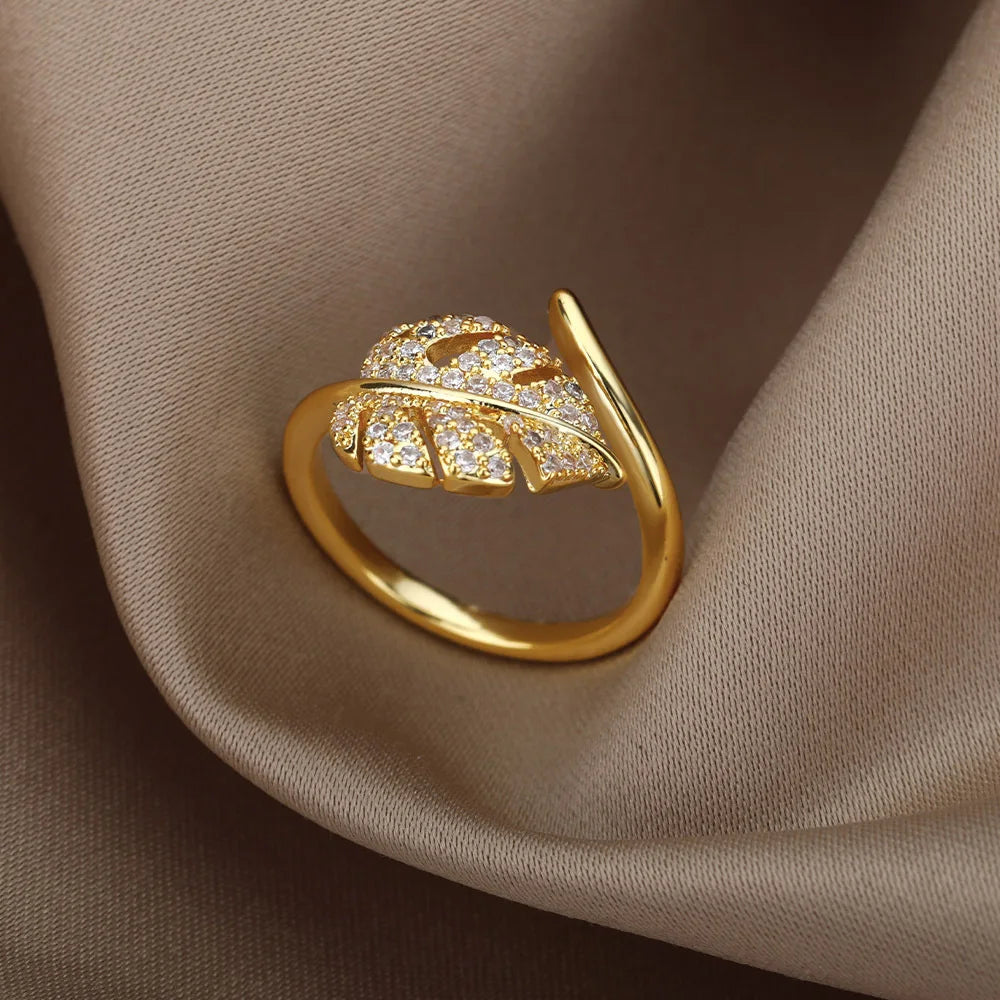 Anelli aperti a forma di foglia di palma di moda per le donne Anello da dito regolabile con zirconi color oro Regalo di gioielli per feste coreane per ragazze