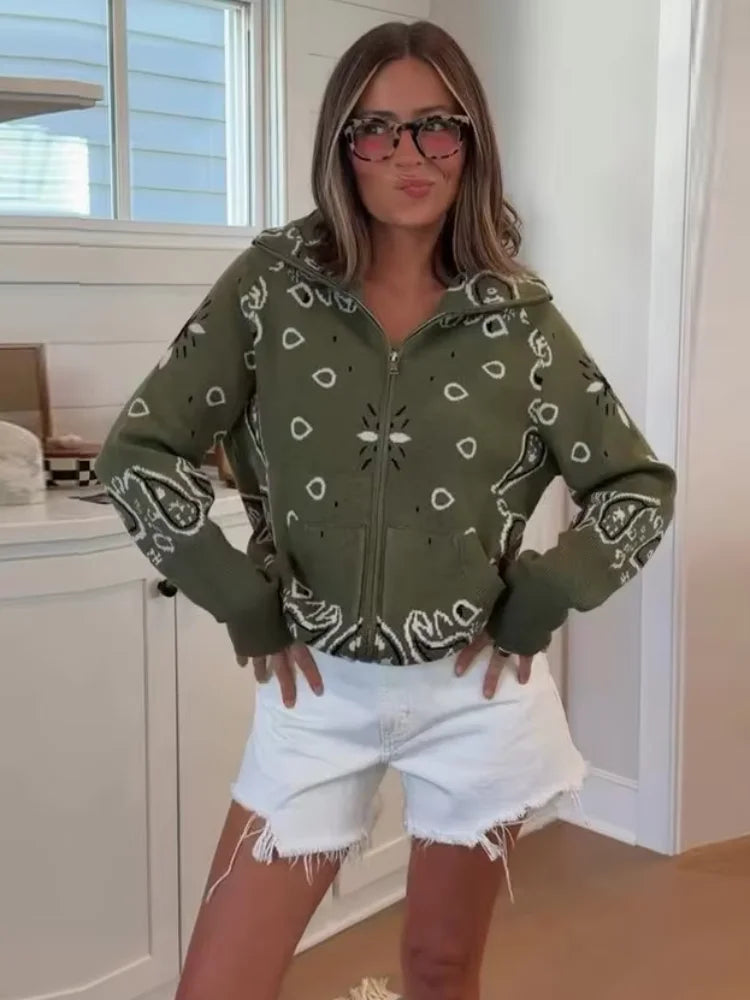 Giacca in maglia con stampa paisley per donna, colletto alto, maniche raglan, chiusura a zip, tasca frontale, cardigan autunnale 2026, giacca retrò ampia.