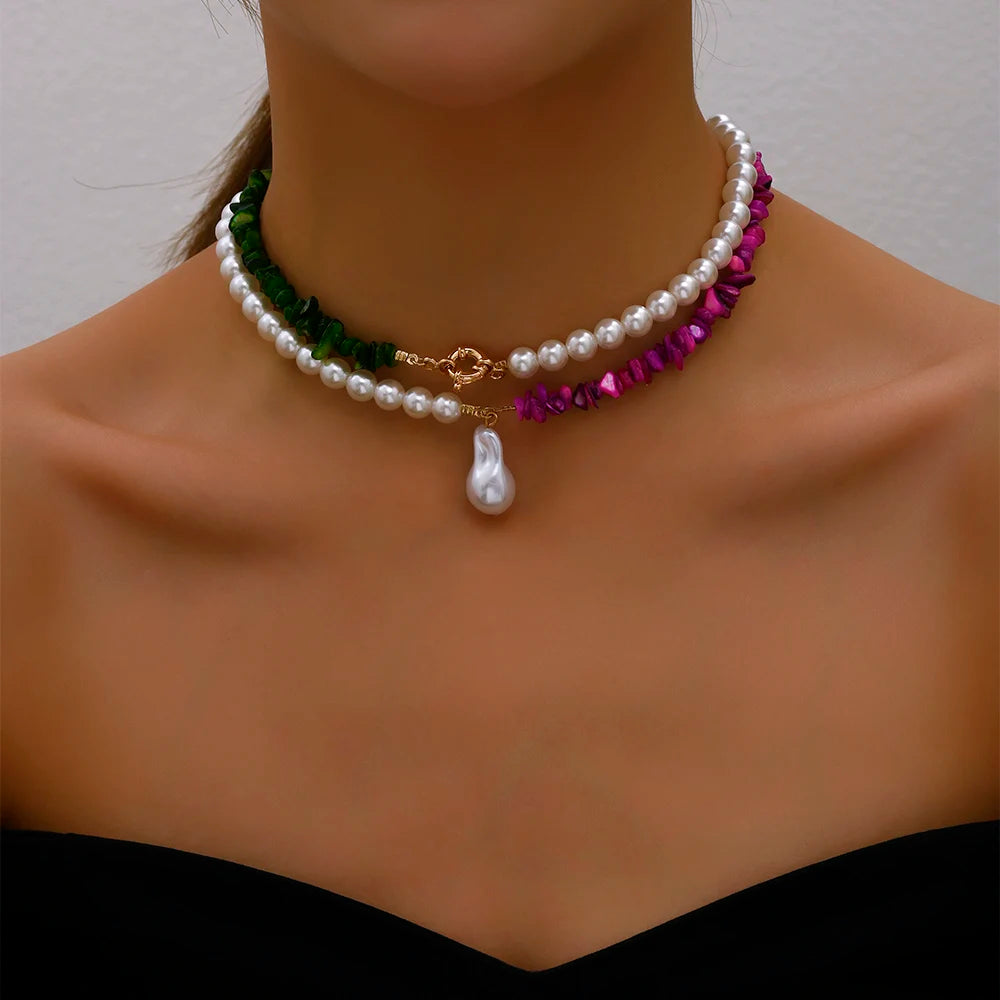 2023 tendenza elegante gioielli da sposa grande collana di perle per le donne moda imitazione perla verde rosa pietra di colore collana girocollo
