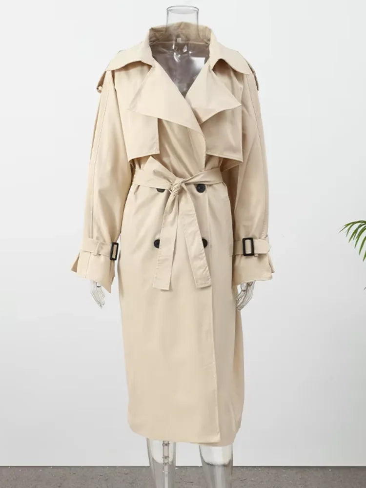 Trench lungo con lacci solido Moda donna Manica intera Risvolto monopetto Capispalla allentato Lady Autunno Cappotto Highstreet quotidiano