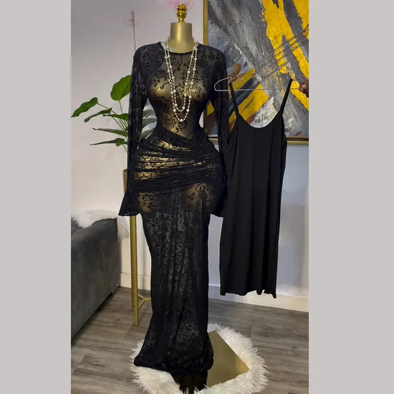 CM.YAYA Abito lungo aderente da donna a maniche lunghe in rete increspata trasparente con fodera 2025 Abiti da festa sexy per compleanno da sera autunnale