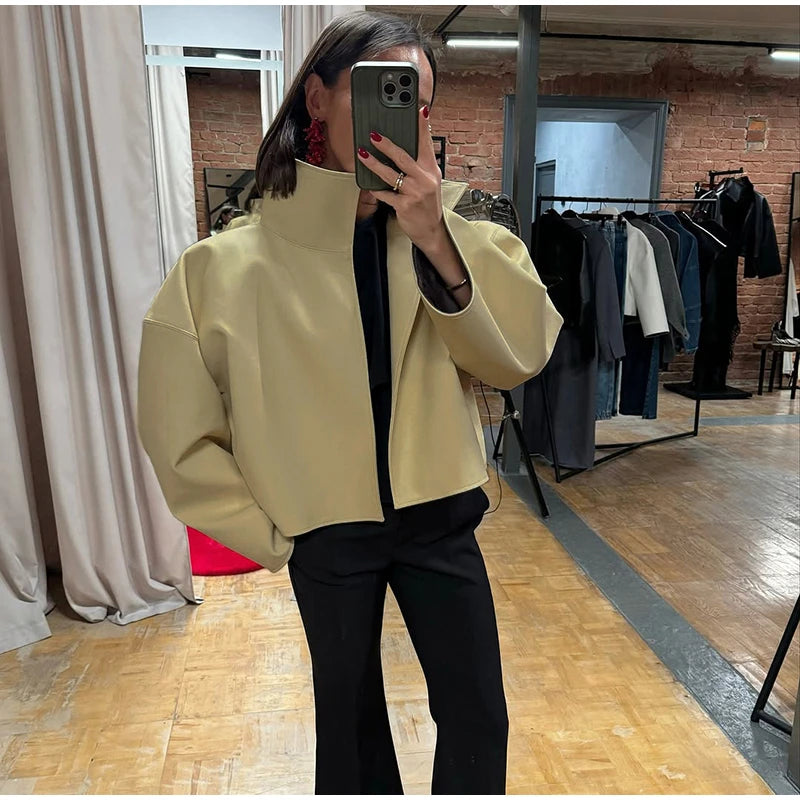 Cappotto da donna ampio a tinta unita, a maniche lunghe, con collo alto, top corto, moda estiva autunnale 2026, capospalla femminile streetwear