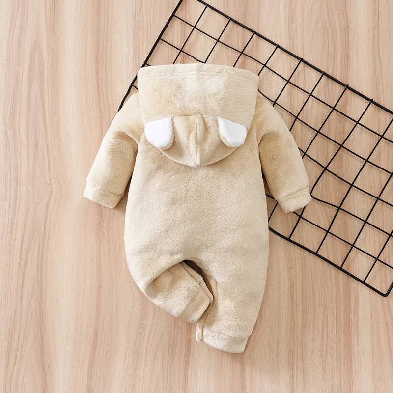 Pagliaccetto per neonato Flanella invernale Orso beige Orecchie con cappuccio Manica lunga Pigiama per bambino unisex 0-18 mesi Abiti comfort