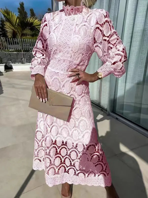 Abito lungo con maniche a sbuffo in pizzo da donna 2025 Primavera elegante nuovi abiti slim a vita alta con colletto alla coreana alla moda