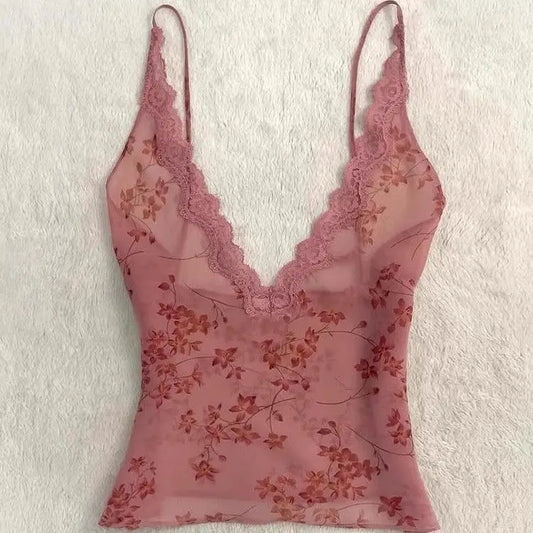Haut Vintage Femme Été Floral Halter Dentelle Sexy Slim Fée Mode Coréenne Féminin Élégant Débardeur Camisole