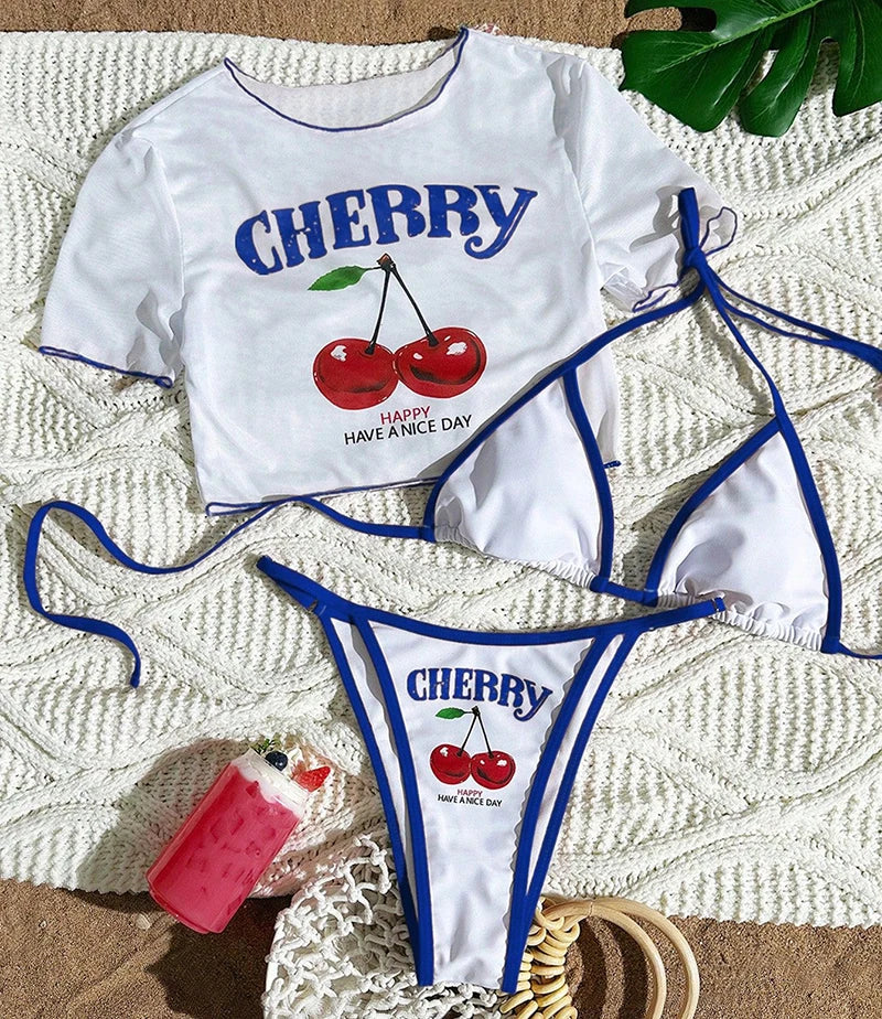 Sexy Thong Bikini 2026 Women Cherry Print Bikinis Short Sleeve Three-pieces Split Bathing Suit Summer Lace Up Swimsuit Beachwear