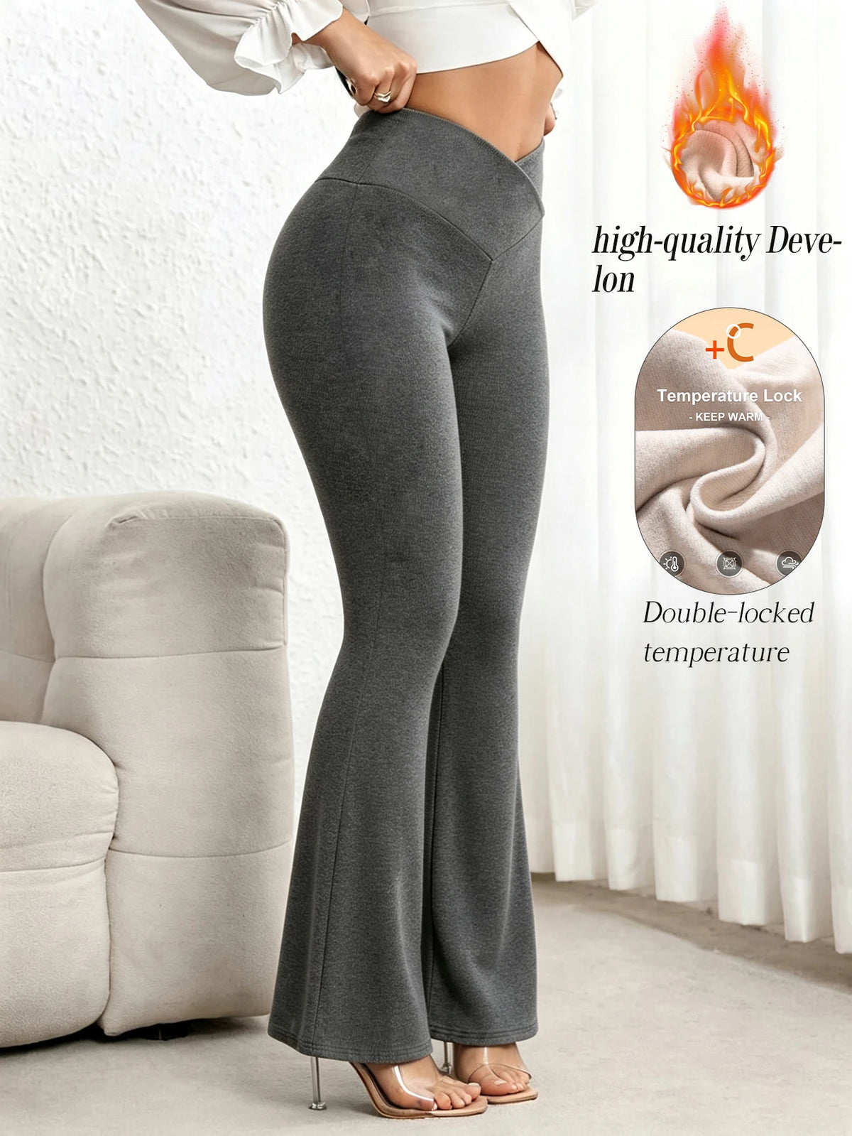 Pantaloni da donna invernali in tessuto DeRong, leggermente svasati, con vita aderente, effetto push-up sui glutei, caldi e termoisolanti