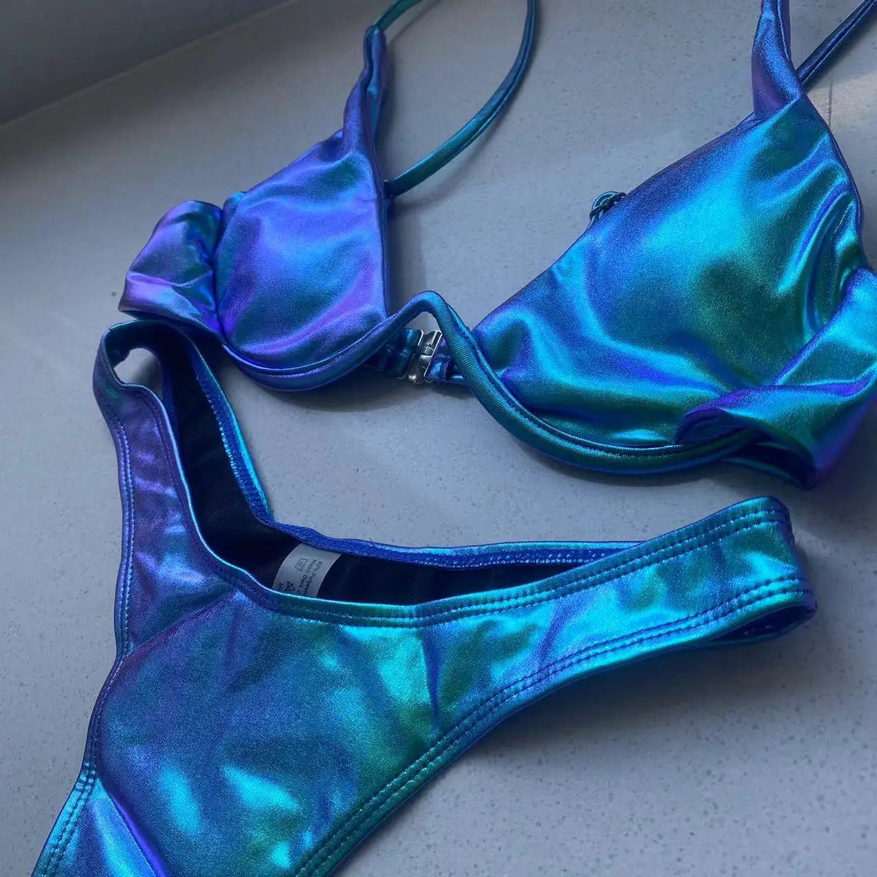 Maillot de bain bikini triangle sexy 2022 holographique bleu push up string extrême brésilien bandage maillot de bain micro bikini