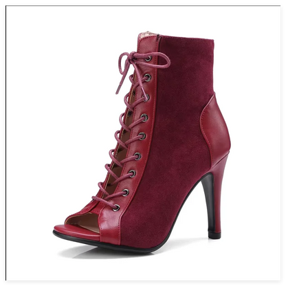 Black Summer High Heels Ankle Boots For Women 2025 Spring Peep Toe Lace Up Pumps Party Jazz Dance Shoes Suede Ladies Large Size