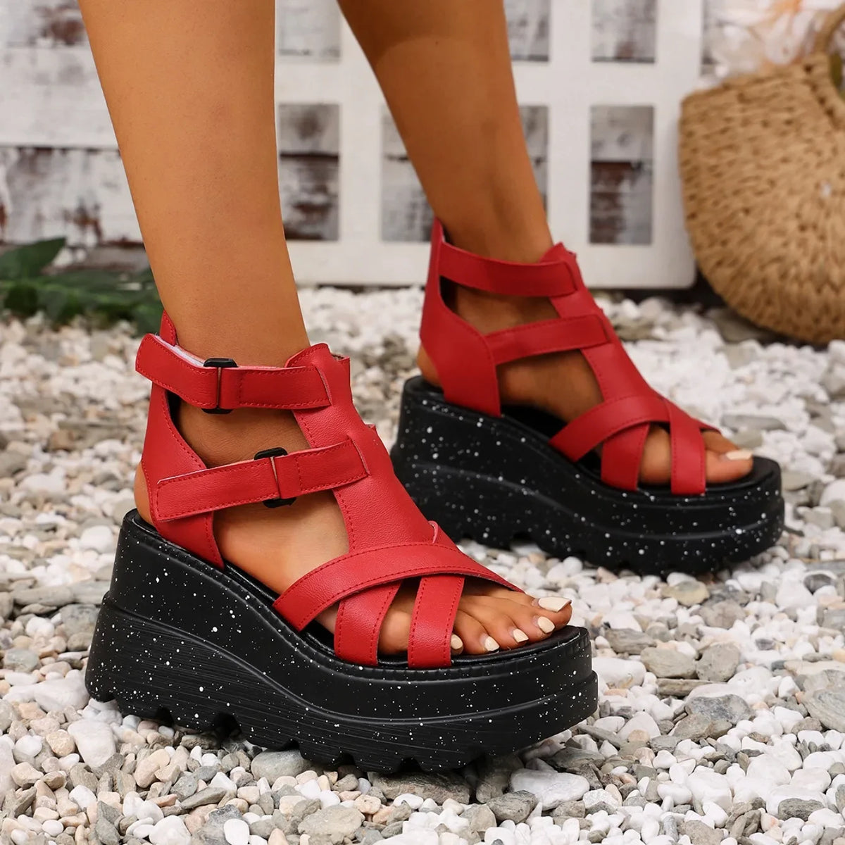Sandali da donna Sandali da donna con plateau in pelle moda estiva Sandali gladiatore con tacco alto da donna Scarpe da donna con zeppa robuste per esterni