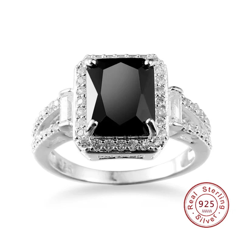 Bague en argent sterling 925 véritable pour femme, avec zircon noir, cadeau romantique, bijoux de fiançailles, Anillos Mujer