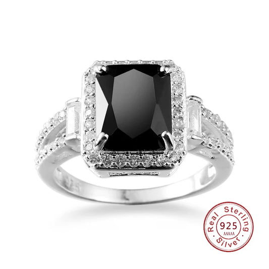 Bague en argent sterling 925 véritable pour femme, avec zircon noir, cadeau romantique, bijoux de fiançailles, Anillos Mujer