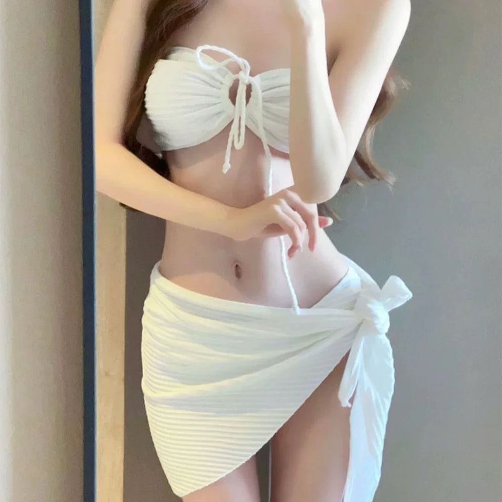 Maillot de bain bikini de couleur unie pour femme, ensemble trois pièces, natation, sports aquatiques, triangle, sexy, haut de gamme, sources chaudes