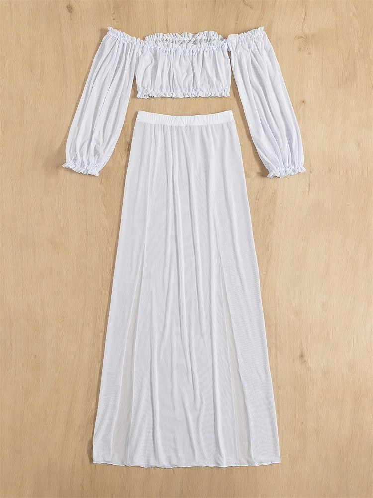 Costumi da bagno donna 2026 Nuovo solido maniche lunghe volant costume da bagno a fascia gonna lunga grembiule in rete 2 pezzi costume da bagno da spiaggia femminile