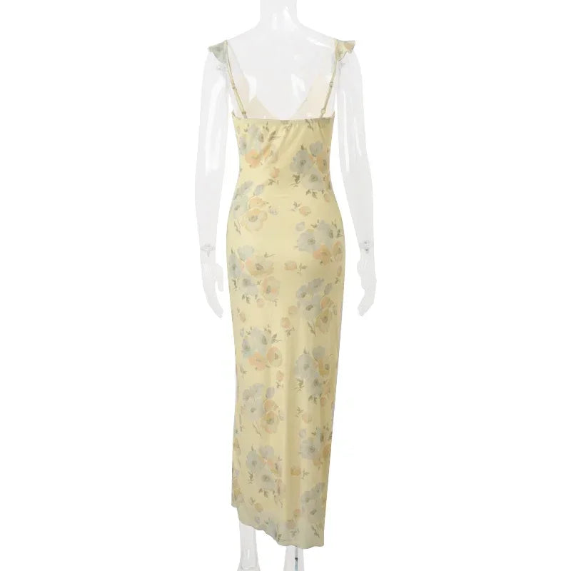 Abiti retrò con scollo a V Abito lungo maxi con stampa floreale gialla senza maniche Abiti eleganti da festa femminili a vita alta