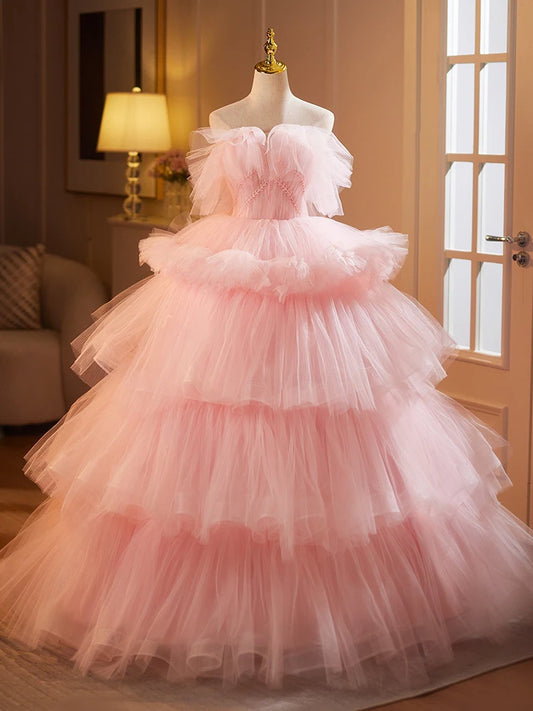 Robe de soirée longue, jupe de bal à la mode pour femme, robe-gâteau style princesse avec surjupe rose, pour photographie de luxe