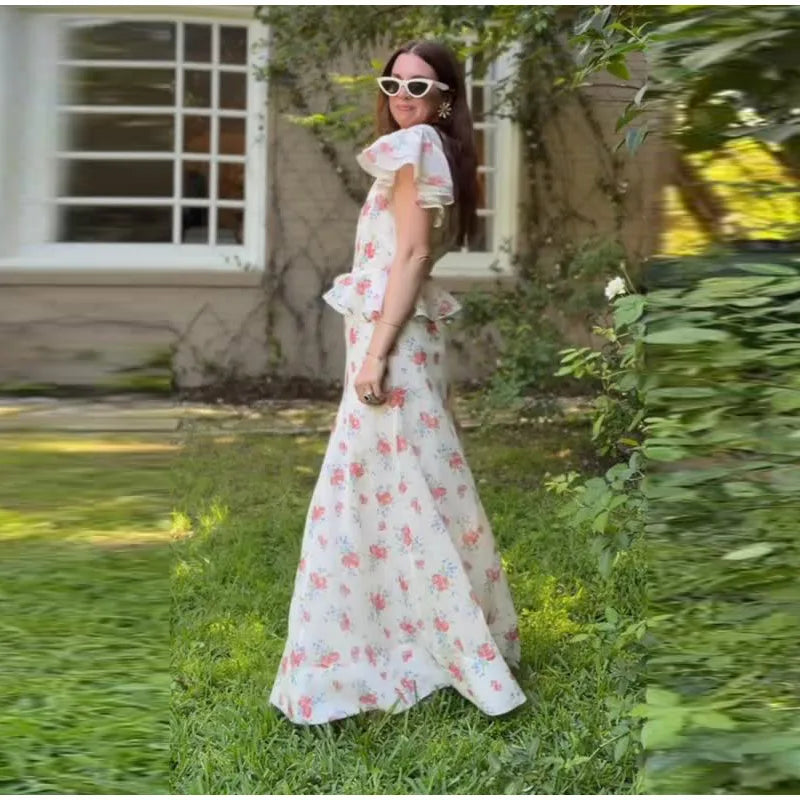 Abito Lungo da Donna con Stampa, Scollo a V, Maniche a Campana, Bordo a Foglia di Loto, Vita Alta, Vestito Maxi Aderente, Elegante Abito da Sera per Feste