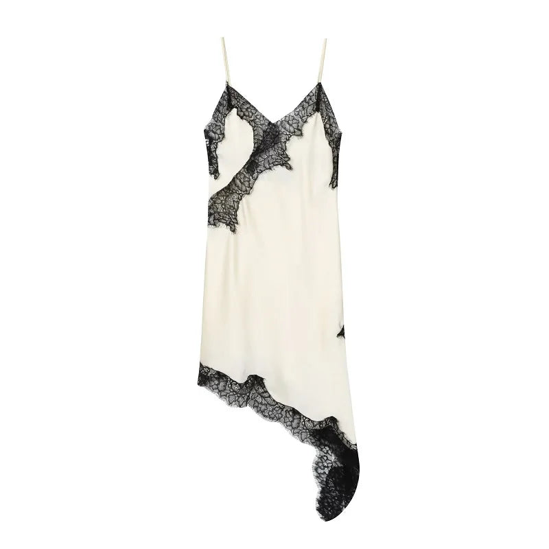 MUJER Abito sottoveste in pizzo nero Abiti corti da festa in raso da donna per le donne Abiti da donna sexy senza schienale Mini abito da notte asimmetrico