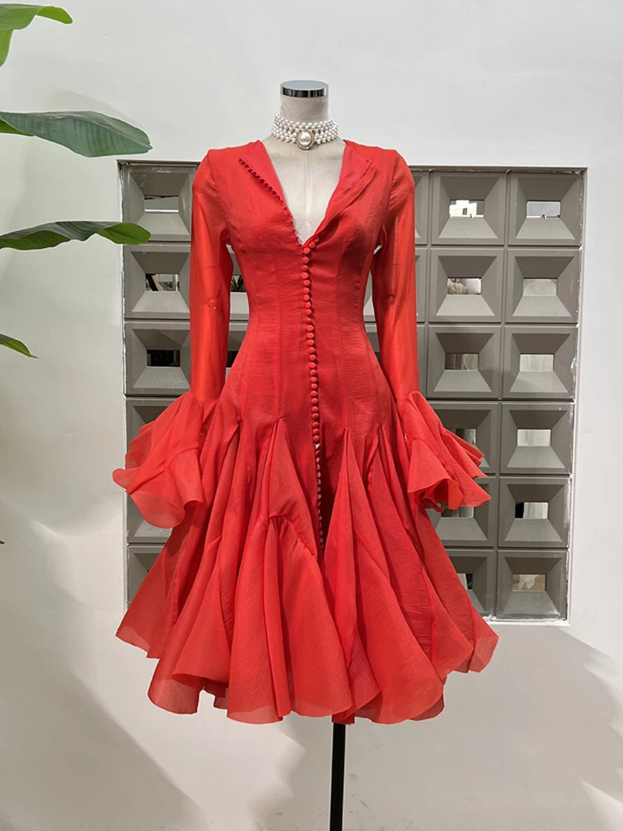 TWOTWINSTYLE Vestito da Donna Irregolare Pieghettato Patchwork Moda Manica Lunga Lanterna Vita Cinching Mini Abiti 2024 Nuovi Abbigliamento