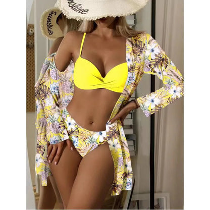 Bohemian Style Print Bikini Sets Women Fashion Sexy Spaghetti Strap Bikini Cardigan Three Piece Sets Beach Vacation Swimsuit