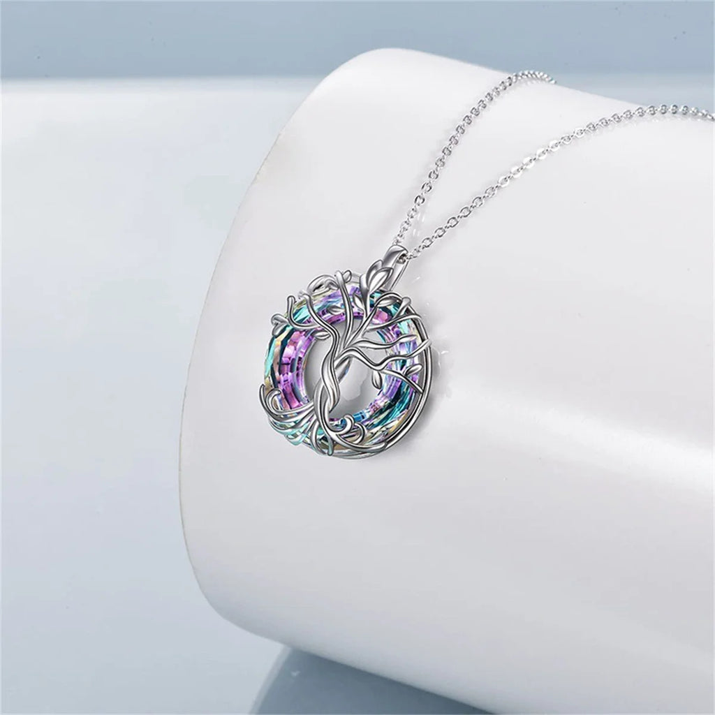 Collana Albero della Vita con Cristallo Circolare, Squisito Ciondolo a Forma di Albero Genealogico, Gioiello Regalo per Donne, Mamma, Figlia