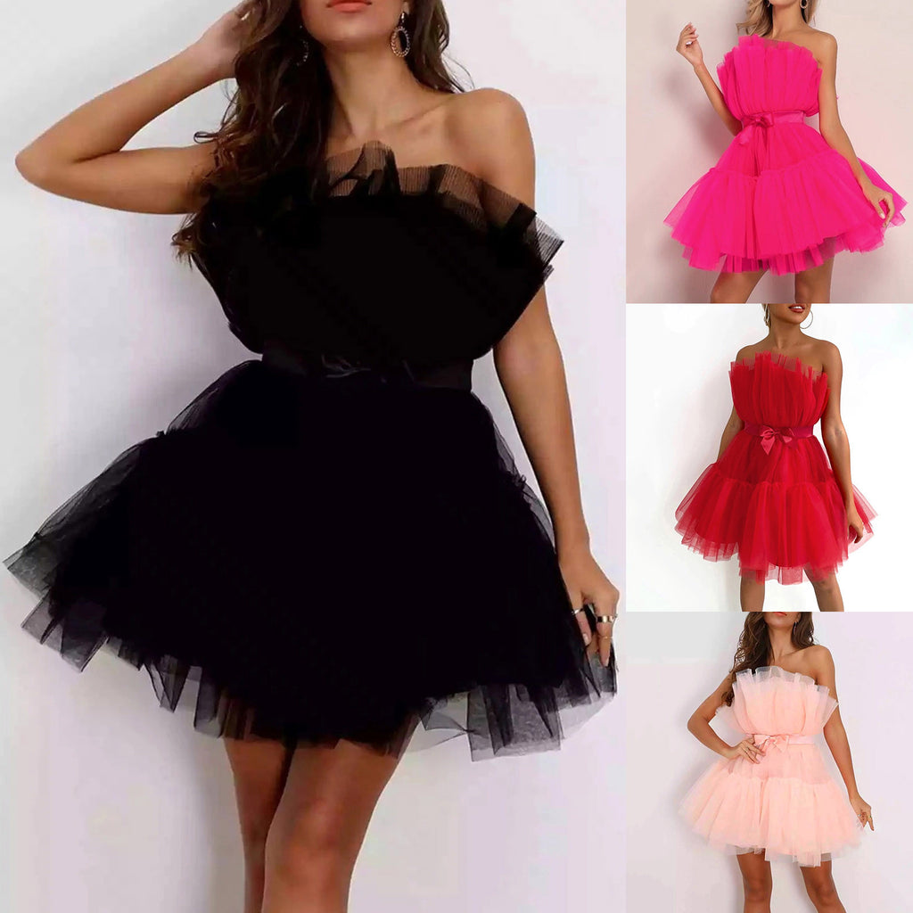 Elegante abito da cerimonia nuziale in tulle a rete per donna senza spalline con spalle scoperte abiti da sera a vita alta abiti da ballo per occasioni formali