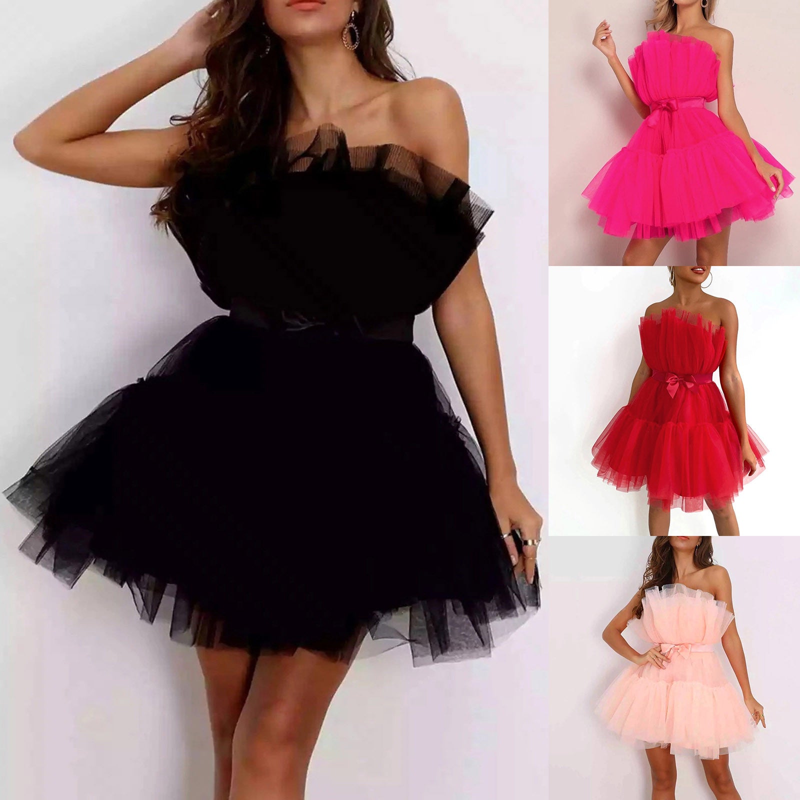 Elegante abito da cerimonia nuziale in tulle a rete per donna senza spalline con spalle scoperte abiti da sera a vita alta abiti da ballo per occasioni formali