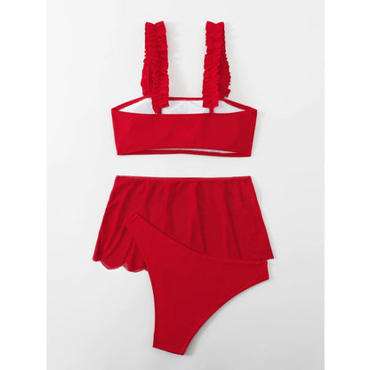 Costume da bagno rosso 2026 da donna, sexy, a vita alta, con gonna, bikini a tre pezzi, con volant, fascia per il petto, per l'estate e la spiaggia