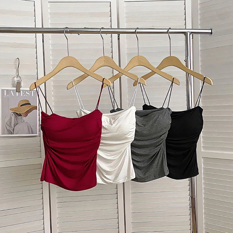 Débardeur d'été sexy pour femme, bretelles spaghetti, sans manches, gilet, caraco, haut de soirée, clubwear, slim, court, noir