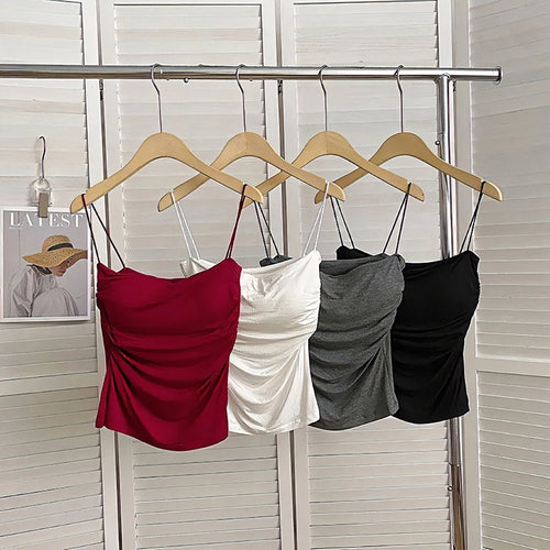 Débardeur d'été sexy pour femme, bretelles spaghetti, sans manches, gilet, caraco, haut de soirée, clubwear, slim, court, noir