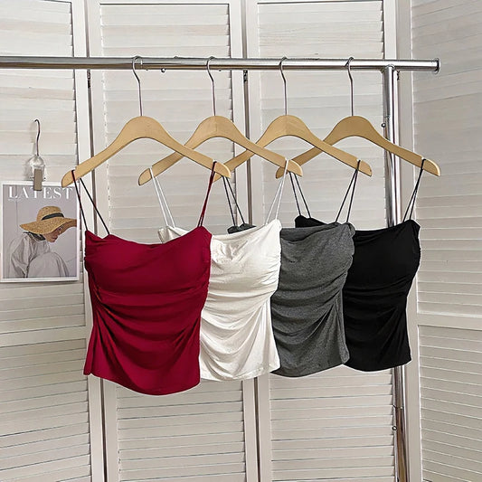 Débardeur d'été sexy pour femme, bretelles spaghetti, sans manches, gilet, caraco, haut de soirée, clubwear, slim, court, noir