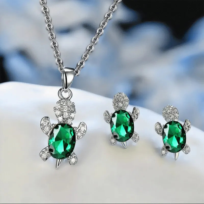 Set di orecchini con collana placcati in argento da 3 pezzi da donna a forma di tartaruga in stile moda di lusso leggero con diamante in vetro multicolore