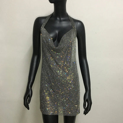 Mini abito sexy con scollo a V senza schienale per le donne Abiti da sera da club per feste con strass lucidi con scollo all'americana e spacco laterale