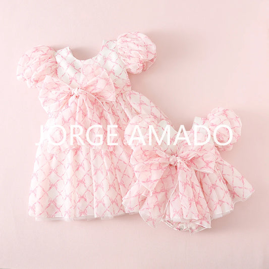 Completi Estivi Coordinati per Gemelle, Body a Maniche Corte con Grande Fiocco, Abiti Principessa con Schiena Scoperta, Abbigliamento per Bambine H0404