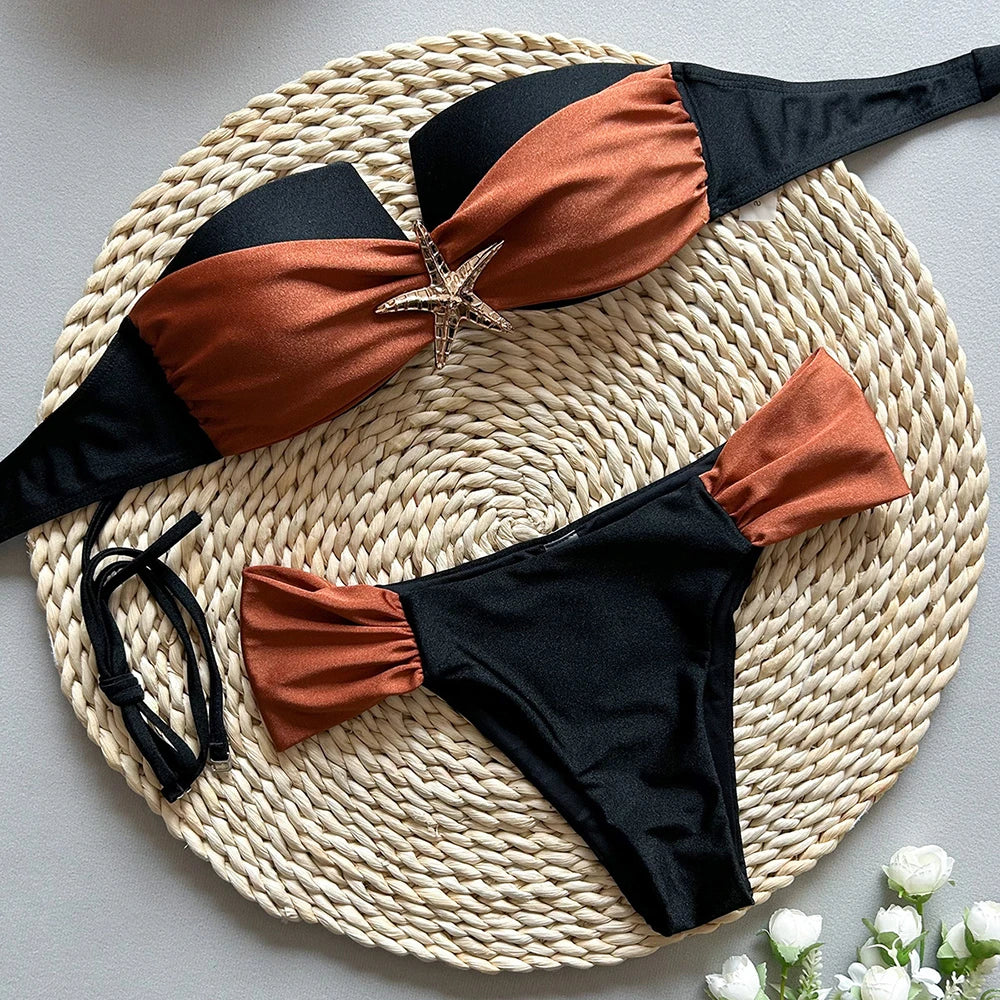 Costume da bagno sexy a forma di stella marina in metallo, bikini a fascia nero tinta unita, set bikini donna 2026, costumi da bagno a vita alta, costume da bagno da donna