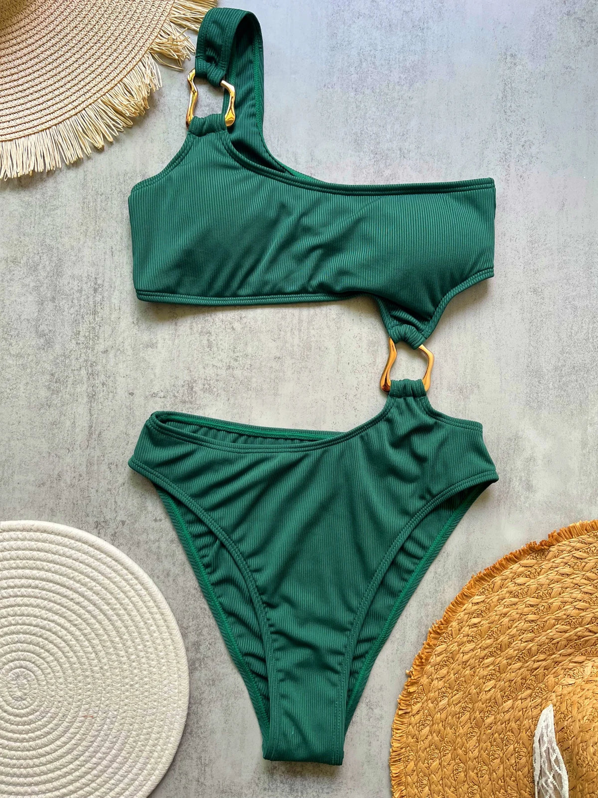 Maillot de bain une pièce pour femme, découpe anneau, coupe haute, coupe effrontée, monokini, maillot de bain une épaule côtelé