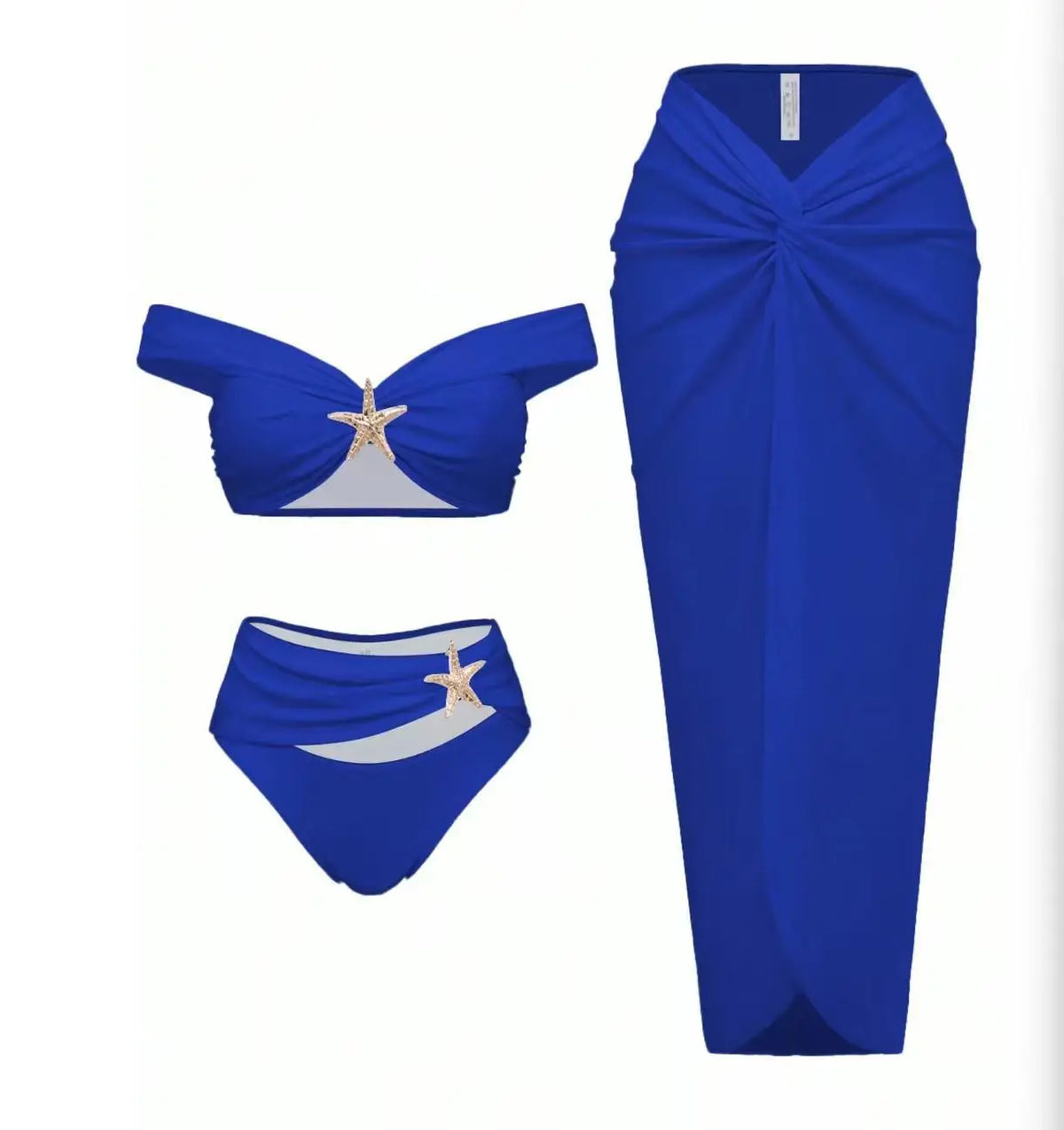 Damen Sexy Bikini Set Beachwear Metallic Seestern Bikini Falten Lange Röcke Dreiteilige Sets Hot Girl Urlaubsstil Badeanzug