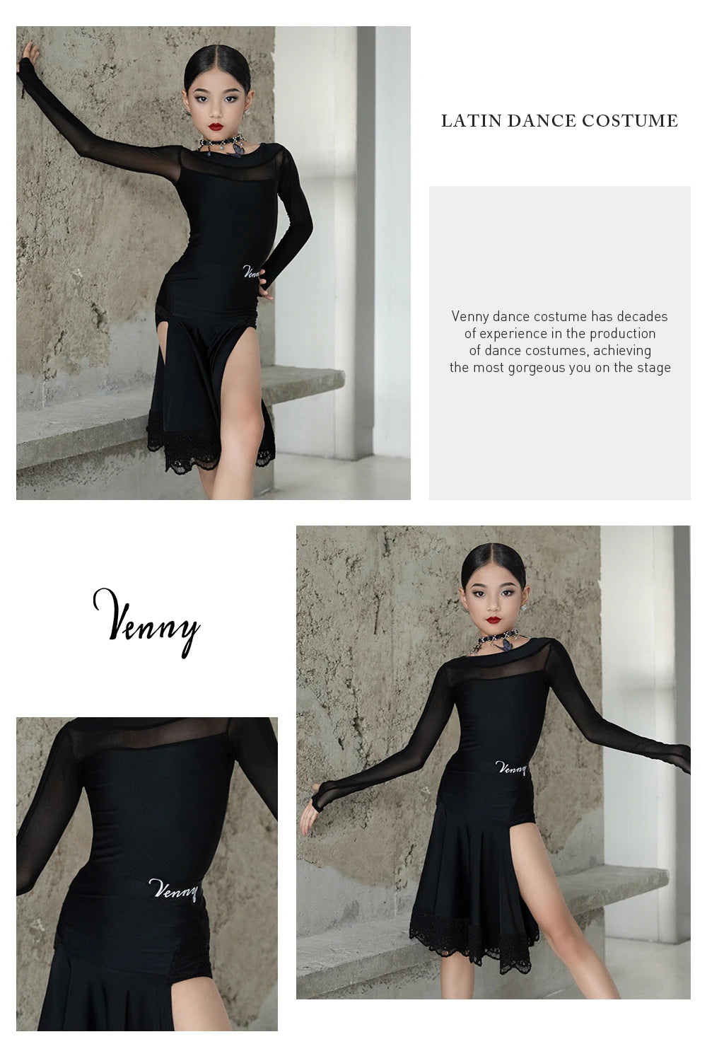VENNY Abito da ballo latino, abito da ballo da donna moda nuovo abito da allenamento autunno e inverno manica lunga in pizzo diviso