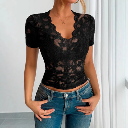 Summer Women's Lace T-shirt V-neck Hollow Sexy Black Flowers Slim White Basic Hot Girl Versatile Top for Female