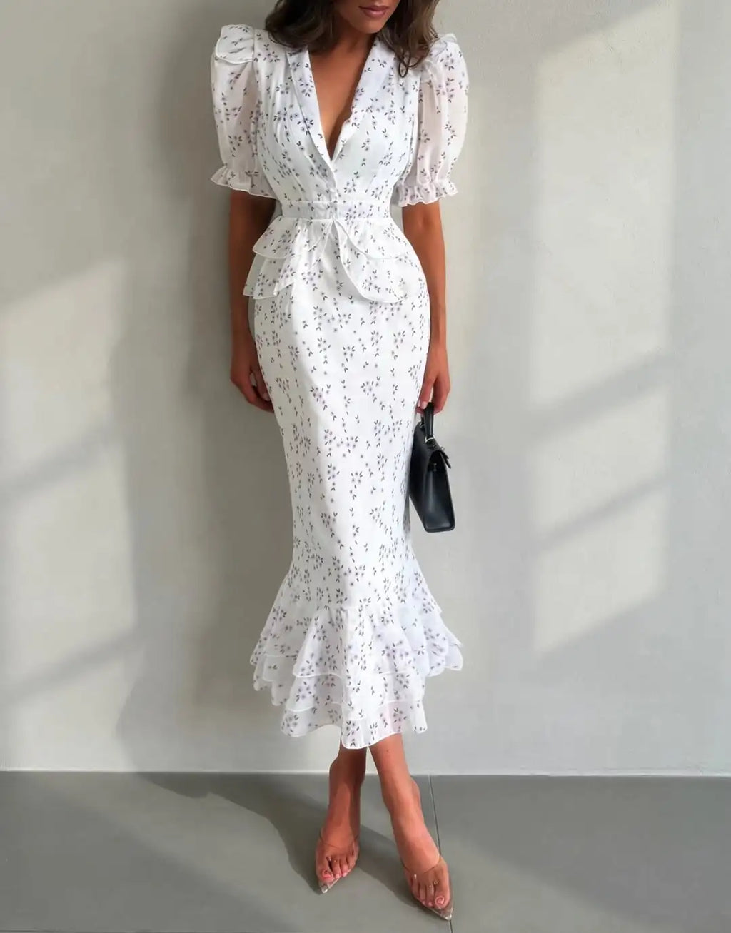 Abito lungo da donna con scollo a V, spacco alto, mezza manica, vestibilità slim, elegante, con vita accentuata e volant, perfetto per feste, vacanze ed estate