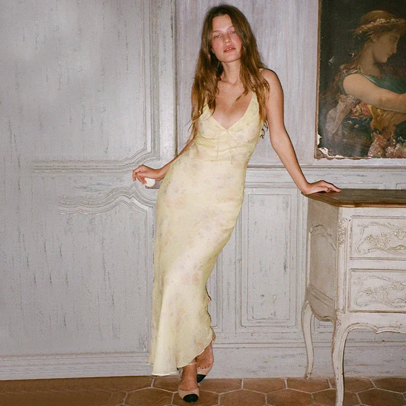 Abiti retrò con scollo a V Abito lungo maxi con stampa floreale gialla senza maniche Abiti eleganti da festa femminili a vita alta