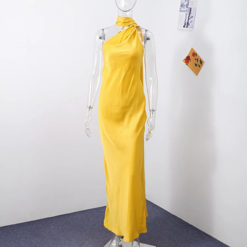 Abito Lungo Sexy Senza Maniche con Nastro, Elegante Vestito da Donna Slim in Raso con Schiena Scoperta e Lacci, Abito da Festa alla Moda 2026, Tinta Unita, per Vacanze, da Donna