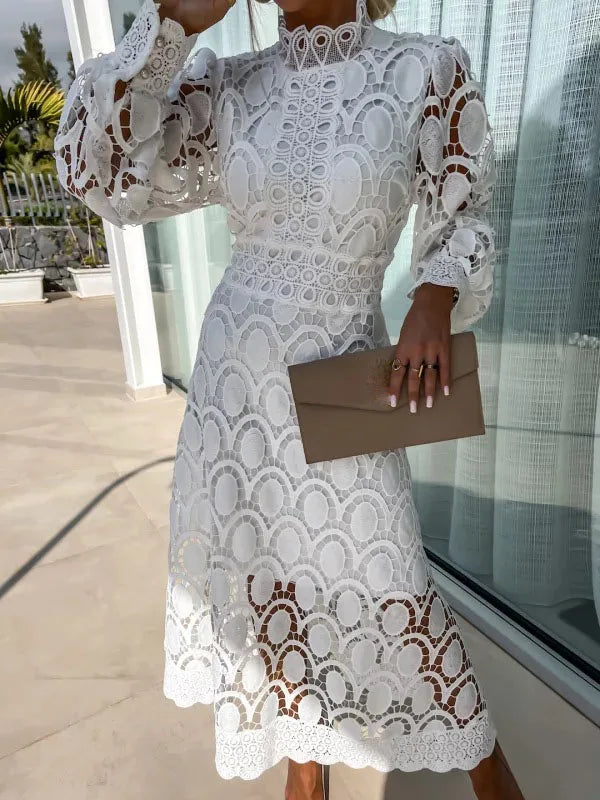 Abito lungo con maniche a sbuffo in pizzo da donna 2025 Primavera elegante nuovi abiti slim a vita alta con colletto alla coreana alla moda