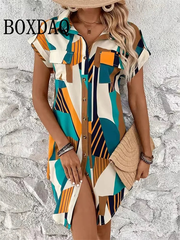 Abito estivo da donna Moda Geometri Stampato Abiti a maniche corte 2025 Party Elegante vestito estivo Casual Camicie con risvolto con bottoni Abito