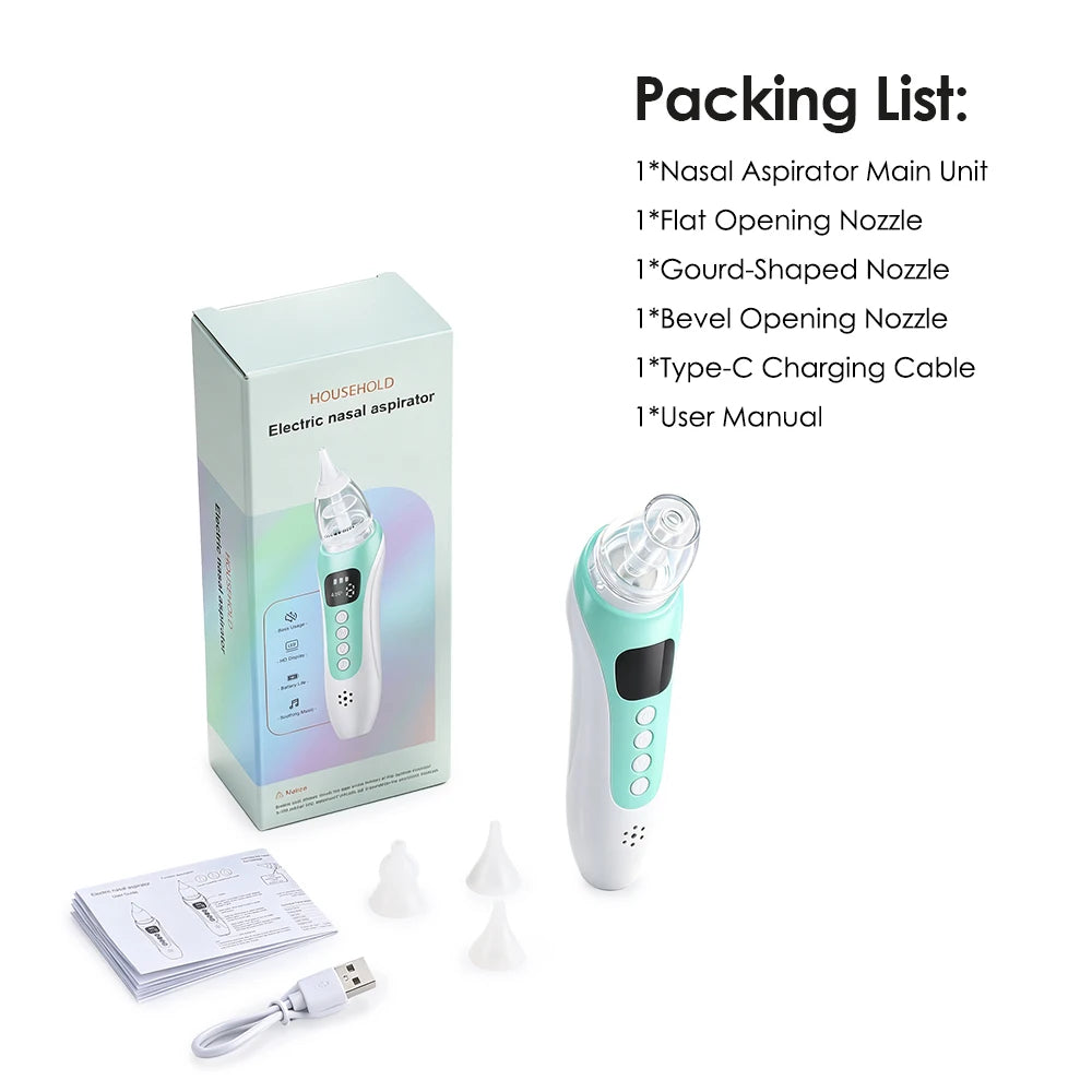 Aspiratore Nasale Elettrico per Neonati, Ricaricabile, 3 Livelli di Aspirazione, 10 Canzoni Rilassanti, Punte in Silicone