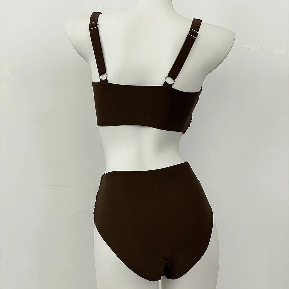 swimsuit ladies Women's High Waist  Bikini Sets Sporty Two Piece Swimsuits Solid Colors High Cut Bathing Suits Women Bikini Sets